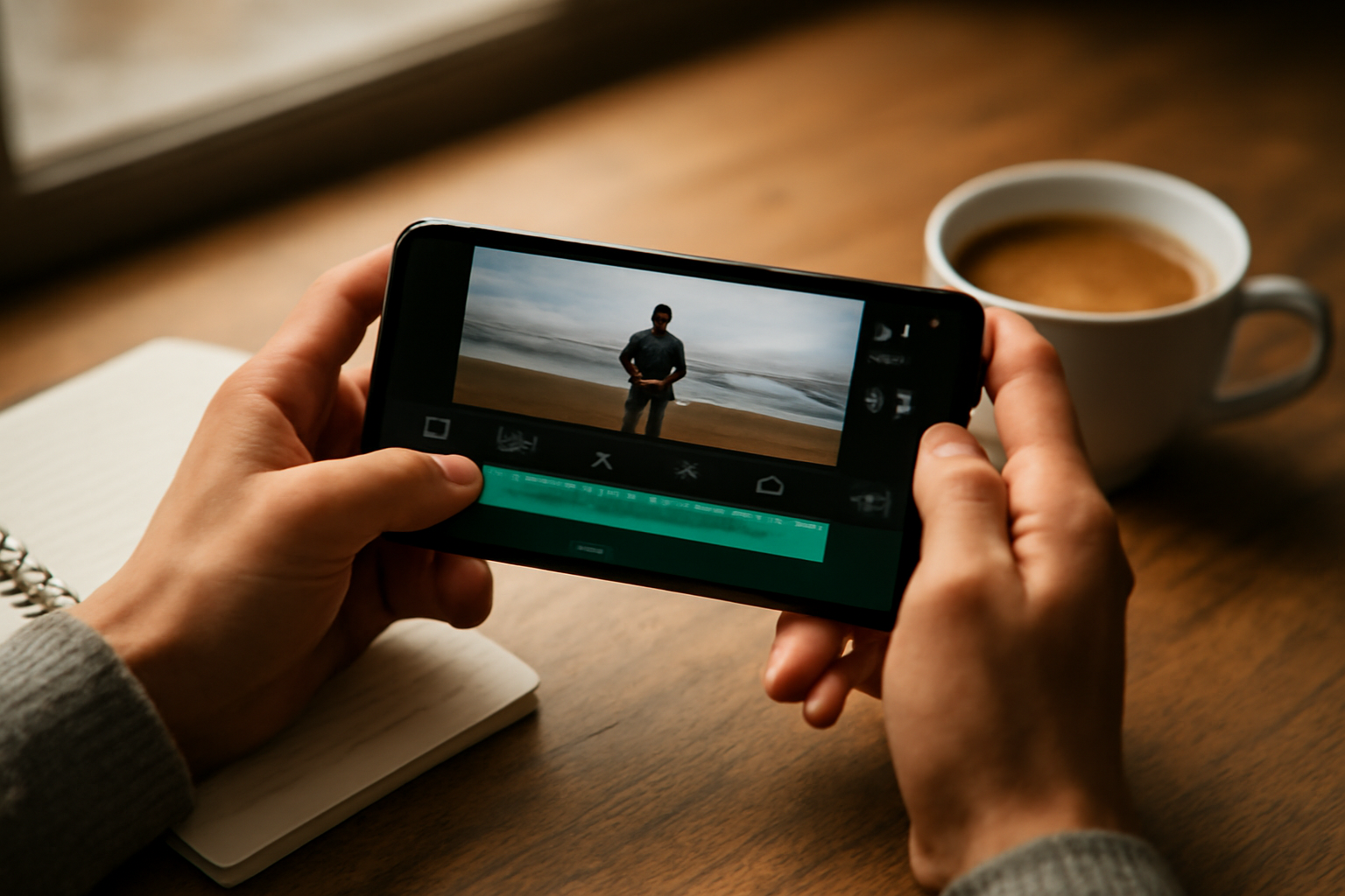 Tangan memegang HP untuk mengedit video dengan aplikasi editor di meja kayu
