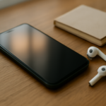 Smartphone di atas meja kayu dengan earbuds dan buku catatan, menggambarkan sesi bermain game di rumah