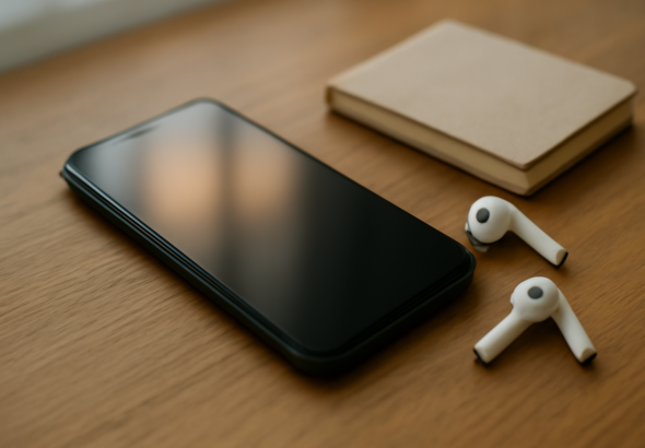 Smartphone di atas meja kayu dengan earbuds dan buku catatan, menggambarkan sesi bermain game di rumah