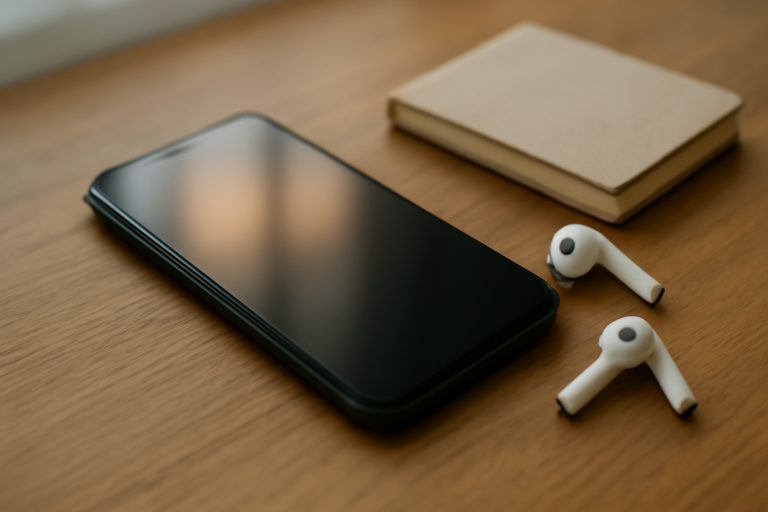 Smartphone di atas meja kayu dengan earbuds dan buku catatan, menggambarkan sesi bermain game di rumah