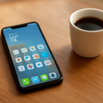 Ponsel dengan layar utama rapi berisi folder aplikasi dan widget cuaca di atas meja kayu