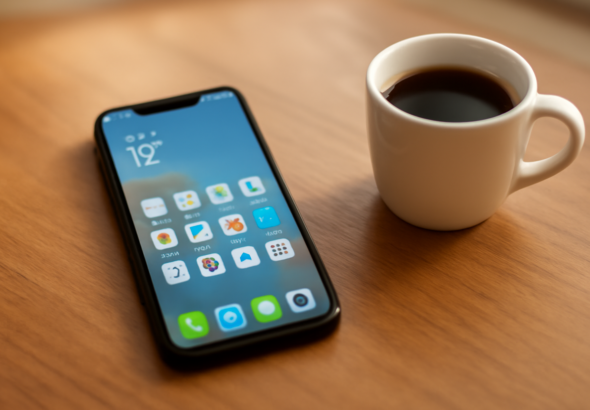 Ponsel dengan layar utama rapi berisi folder aplikasi dan widget cuaca di atas meja kayu