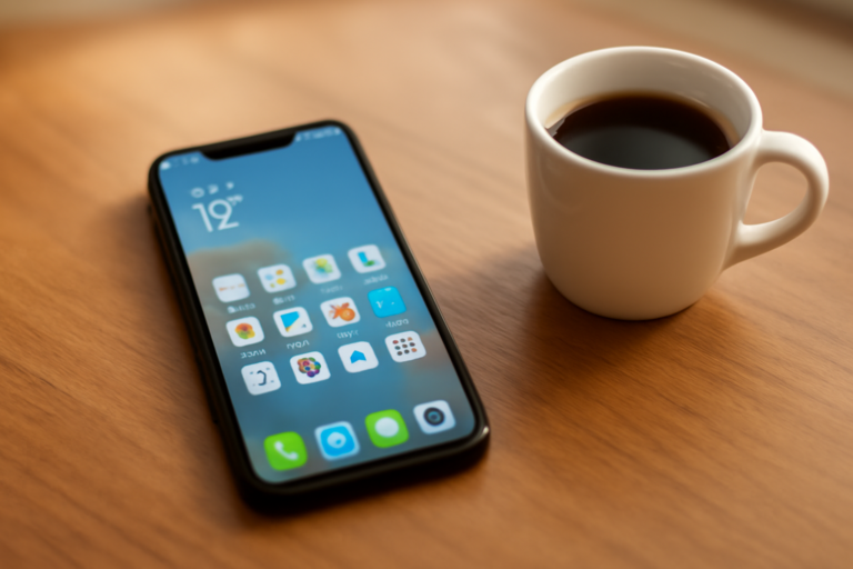 Ponsel dengan layar utama rapi berisi folder aplikasi dan widget cuaca di atas meja kayu